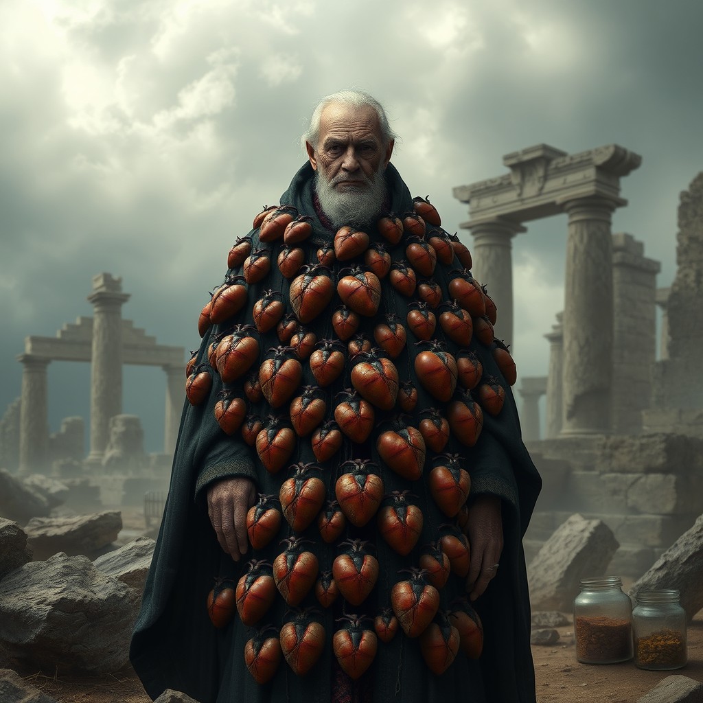 An ancient organ collector depicted as an elderly man, wearing a long robe adorned with thousands of hearts, all rhythmically beating to the cadence of extinct tongues