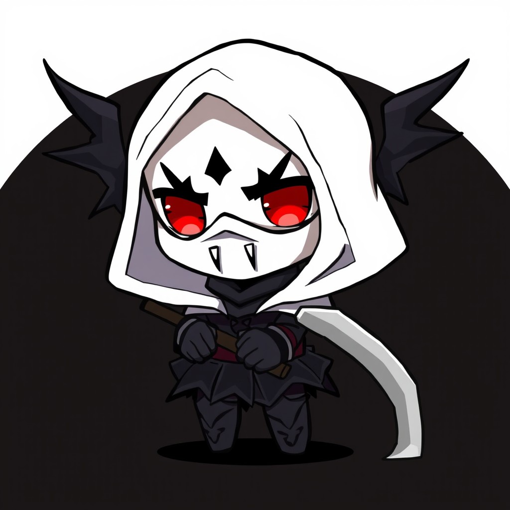 A chibi-style assassin character with a white hood, holding a dark scythe