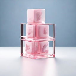 This is a high-quality 3D digital rendering of four pink glass cubes, each positioned under the next