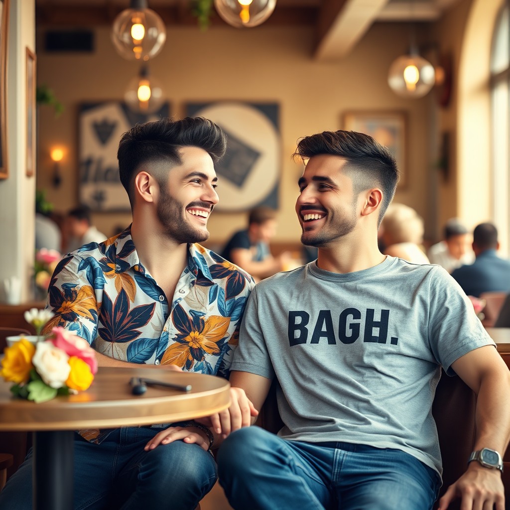 A vibrant and friendly scene capturing two young gay men sitting together in a cozy café, engaging in deep conversation and sharing laughter