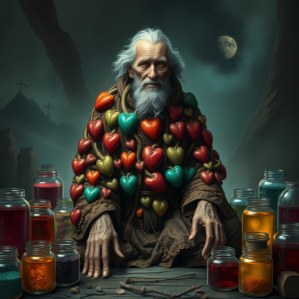 An ancient organ collector, depicted as an elderly man with a tattered robe adorned with thousands of hearts, all pulsating to the rhythm of long-extinct languages