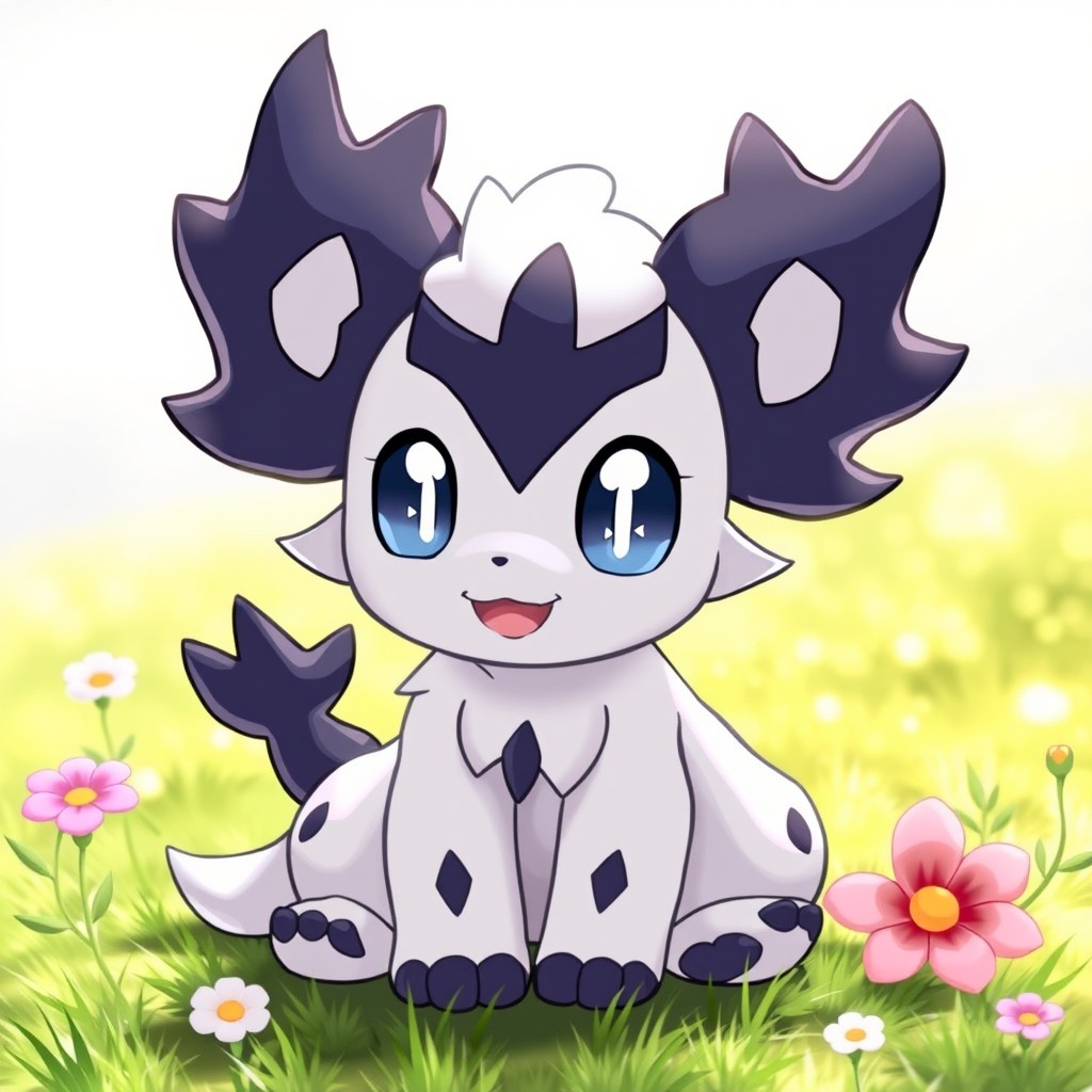 A cute chibi version of the Pokémon Absol, featuring its signature white fur, distinctive black markings, and large, expressive eyes