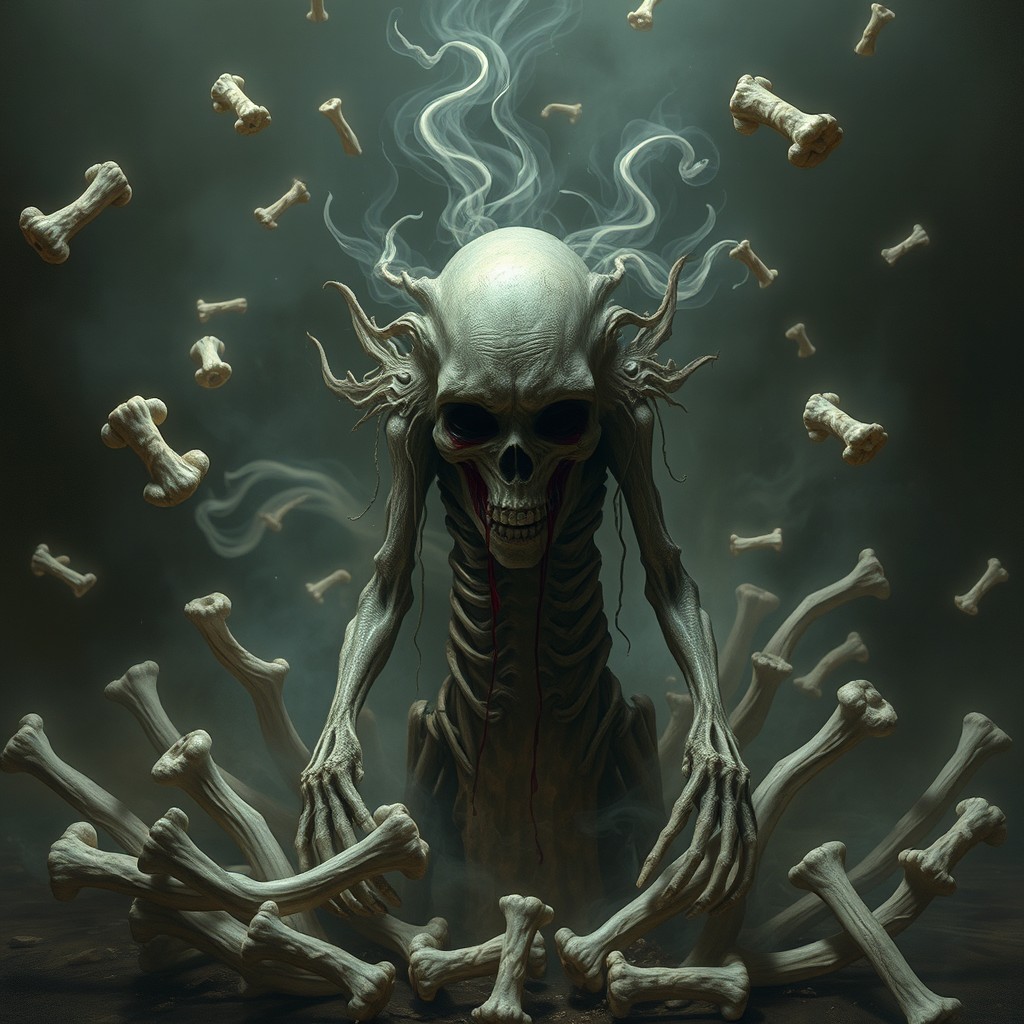 A faceless creature named VAK’ZUL, EL DESVINCULADO, surrounded by floating bones that do not touch its body