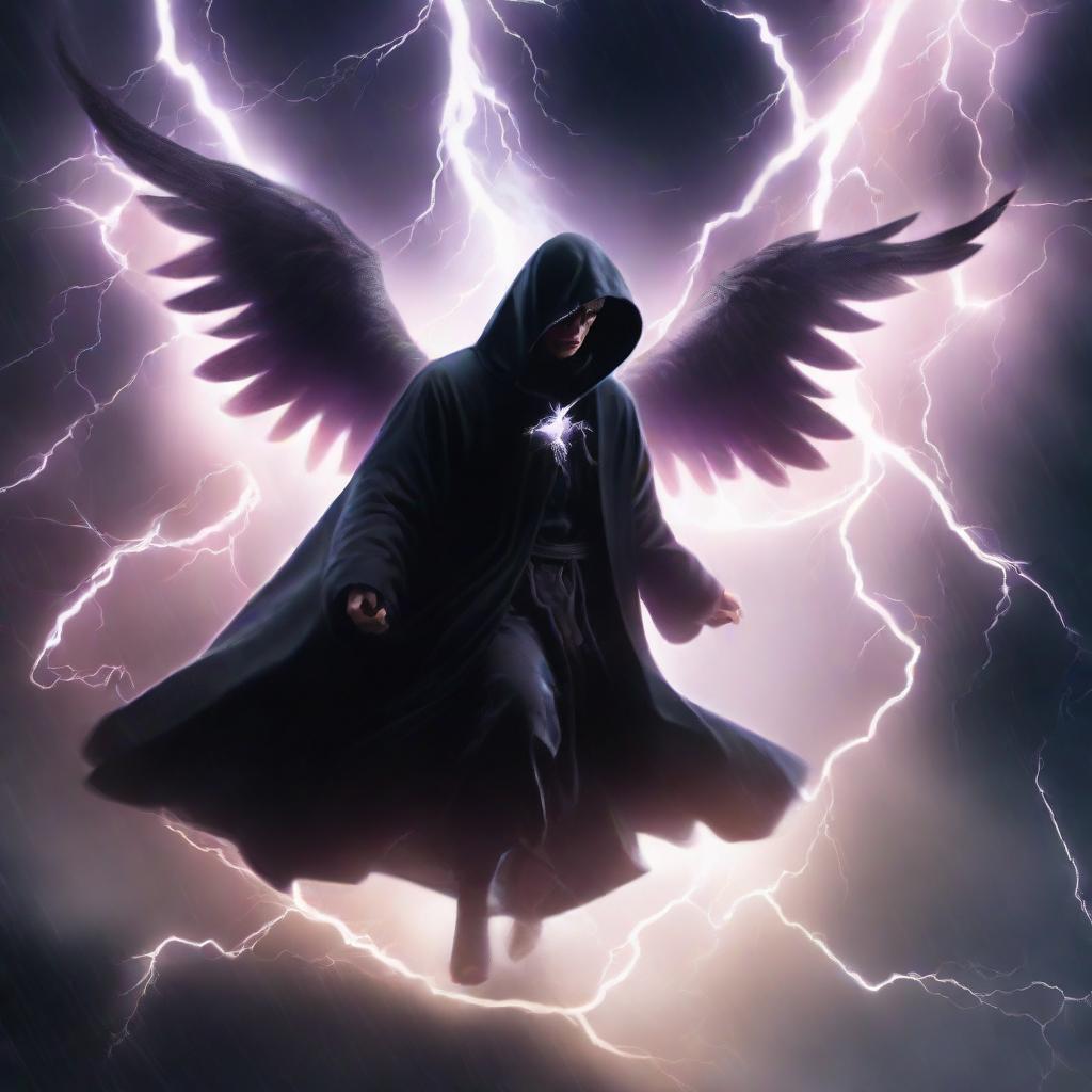 A mysterious man in a black hooded robe, wings shaped from vibrant lightning, courageously flying through the sky amidst a violent thunderstorm of a thousand thunderbolts.