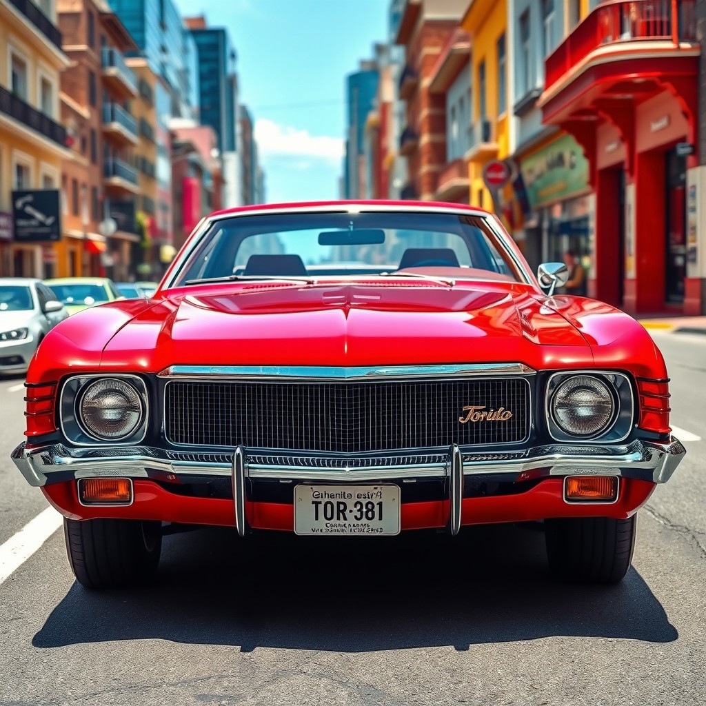 A classic 1970s Torino 380, an iconic Argentinian muscle car, displayed in a stunning urban setting