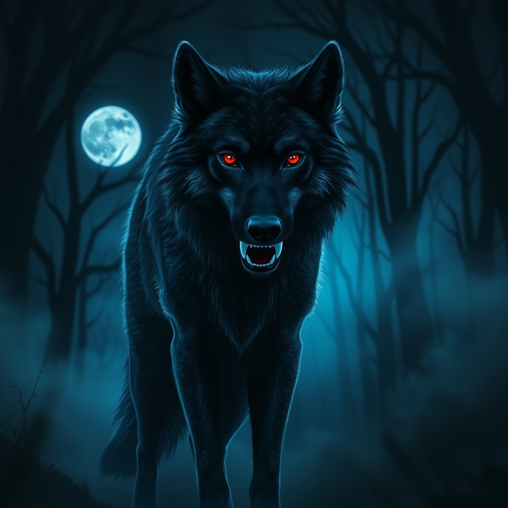 A dark wolf with striking red eyes and sharp blue fangs, standing majestically in a moonlit forest