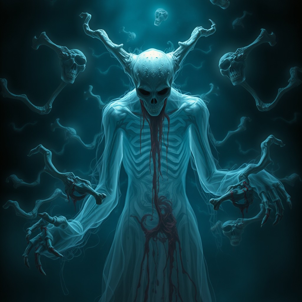 An eerie, faceless creature known as VAK’ZUL, EL DESVINCULADO, surrounded by floating bones that hover around its body without touching it
