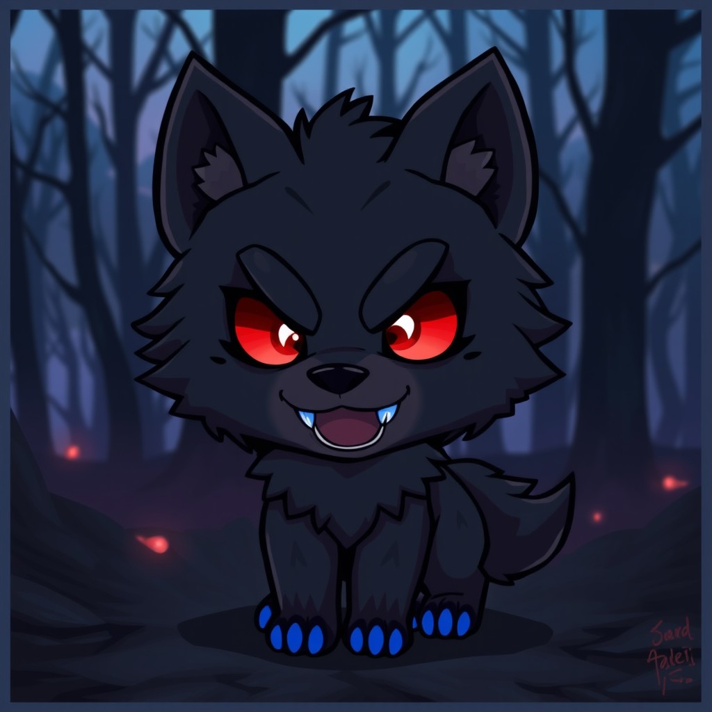 A chibi-style dark wolf with red eyes and blue fangs