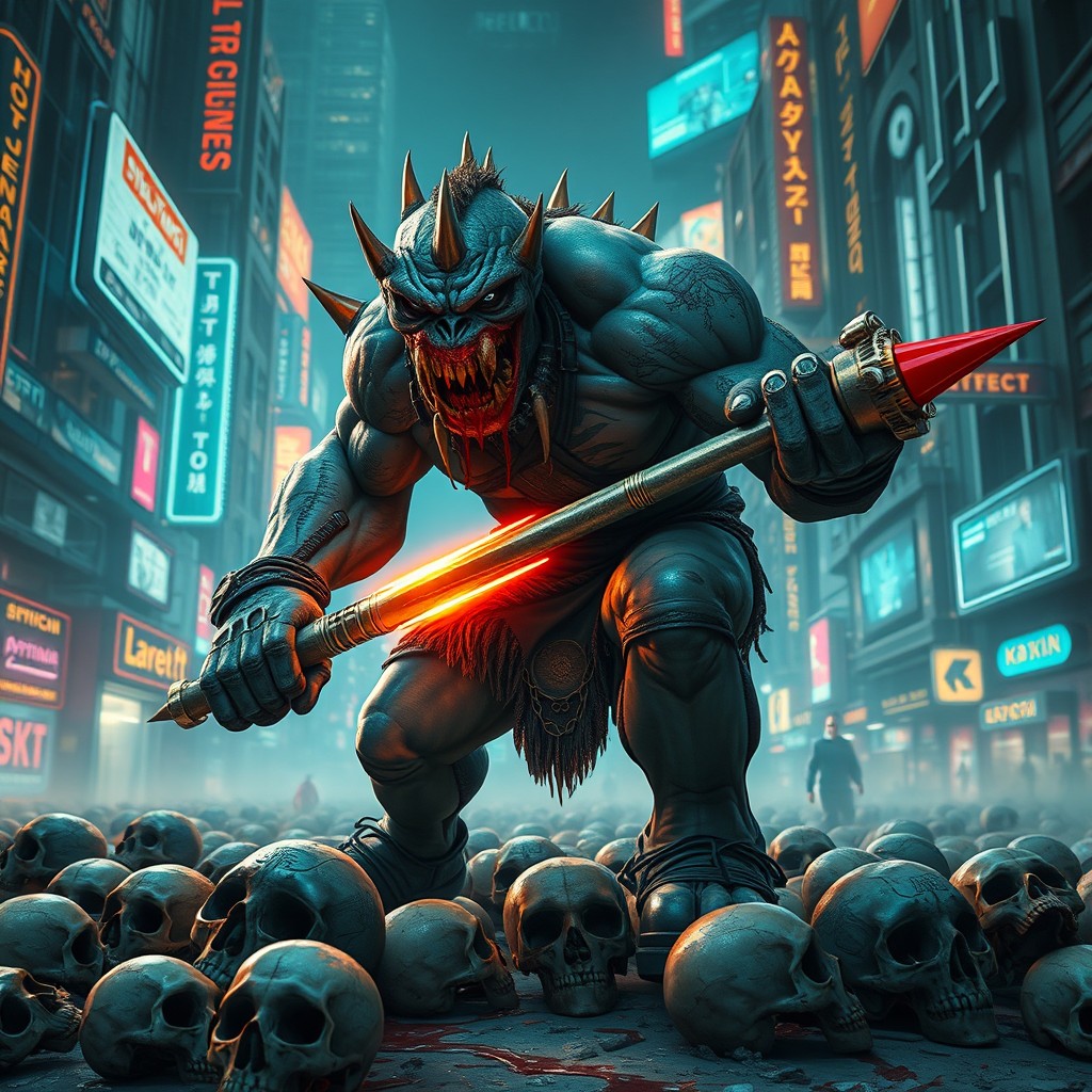 A full-body depiction of a cyberpunk orc with sharp teeth stained with blood