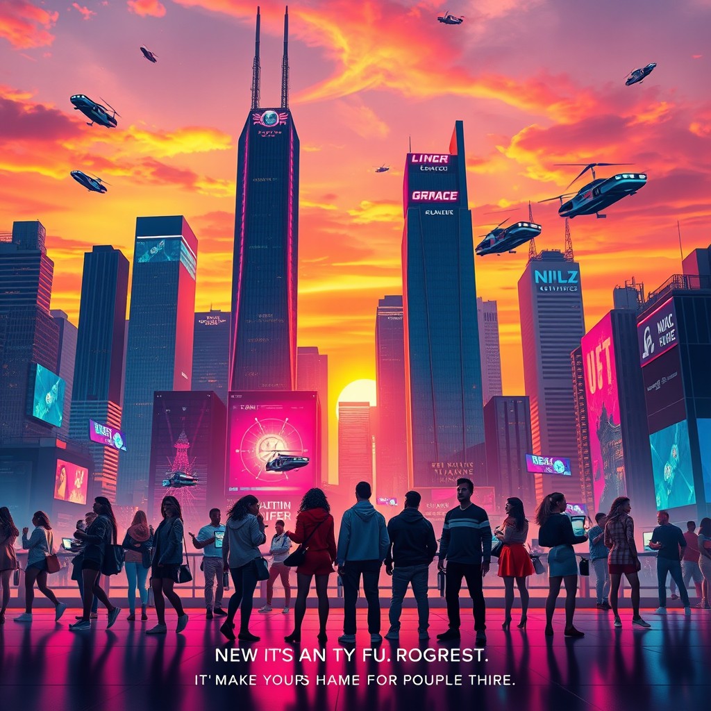 A vibrant and eye-catching poster featuring a dynamic futuristic city skyline at sunset, with towering skyscrapers adorned with neon lights and holographic advertisements