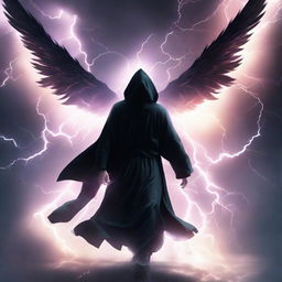 A mysterious man in a black hooded robe, wings shaped from vibrant lightning, courageously flying through the sky amidst a violent thunderstorm of a thousand thunderbolts.