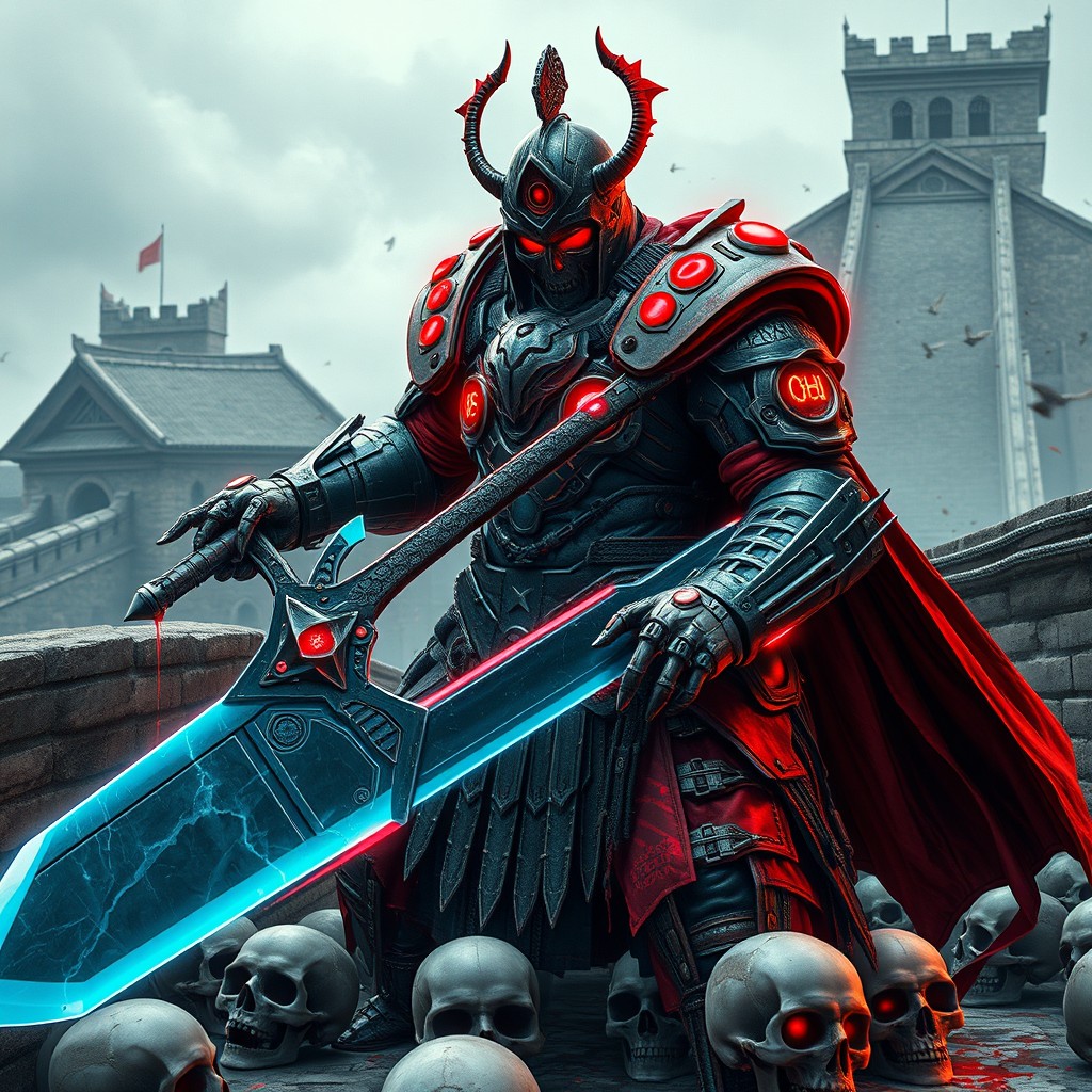 A realistic depiction of Genghis Khan in a cyberpunk style, wearing an exoskeleton armor adorned with neon red skulls and glowing grooves on the armor