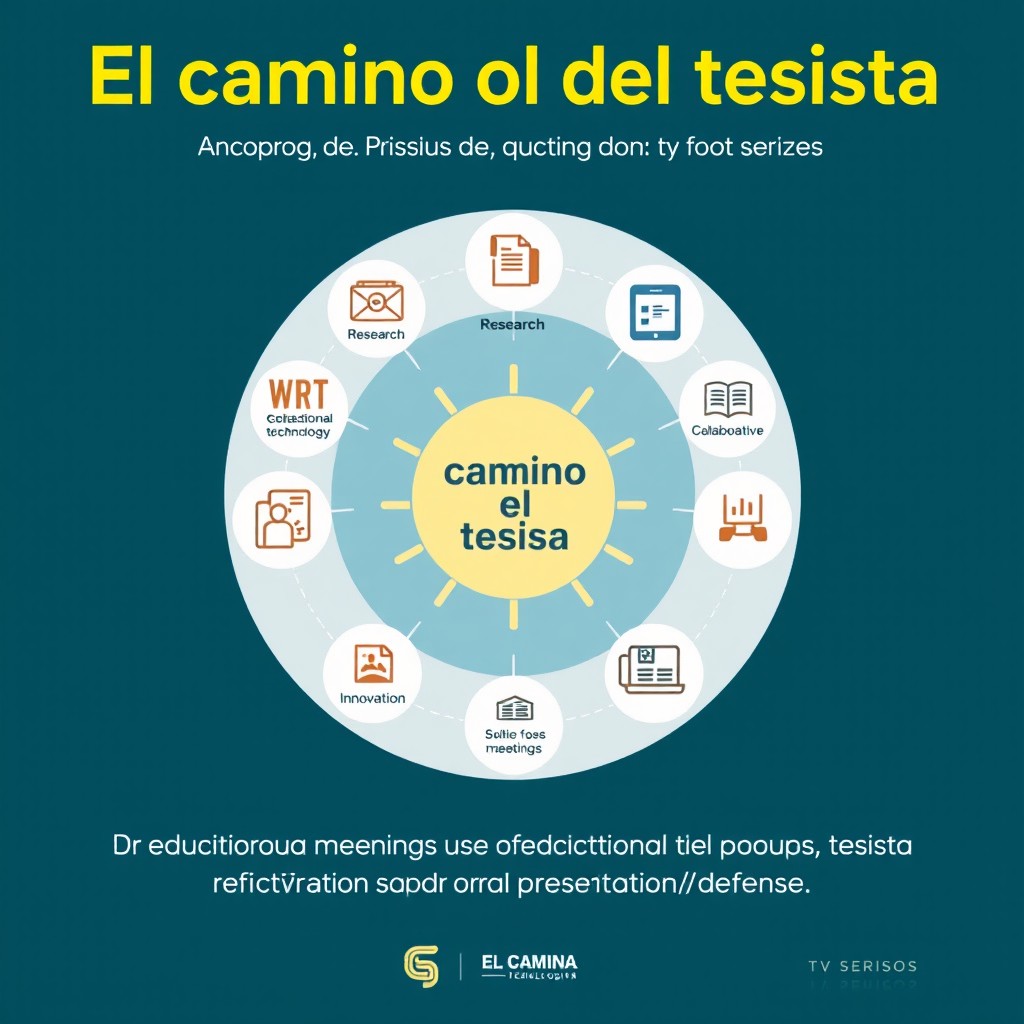 A digital poster for the TV series 'El camino del tesista', featuring a visual process illustration of an educational technologist in training
