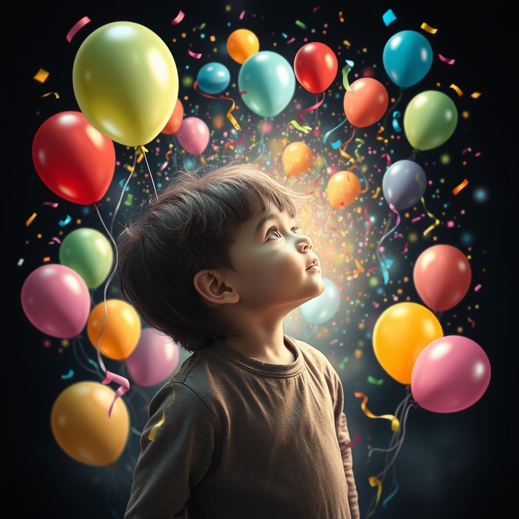 A surrealistic artwork depicting a child lost in imagination, visualizing a vibrant and colorful journey