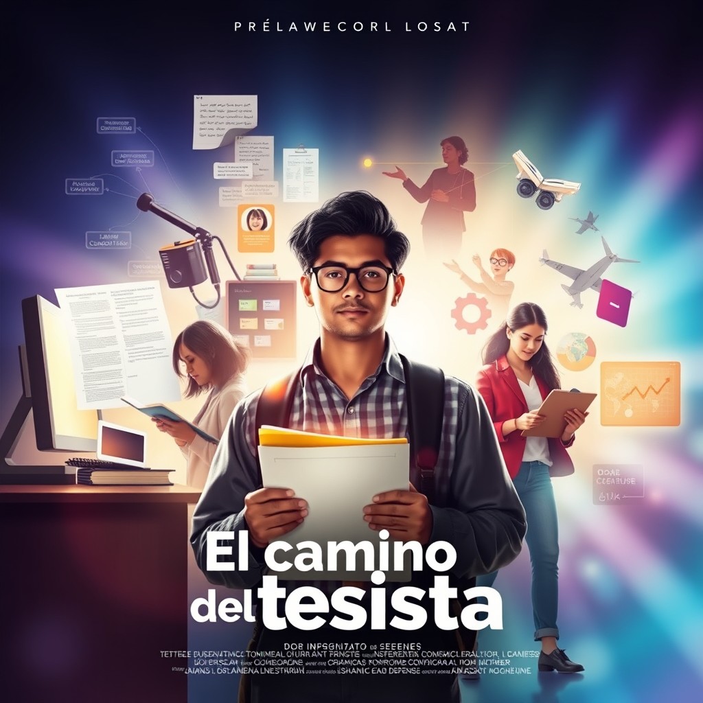 A visually stunning movie poster for the TV series "El camino del tesista" featuring a realistic depiction of an educational technologist in training