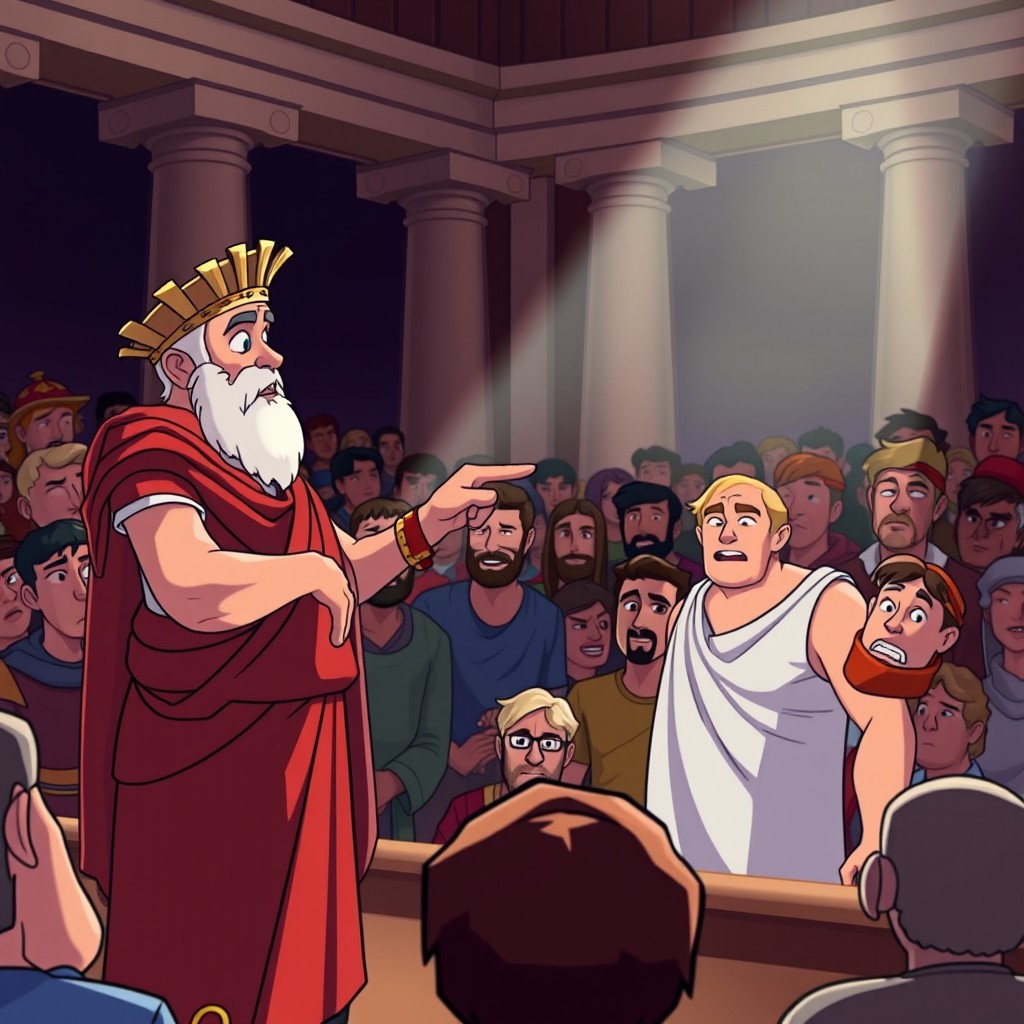 An animated scene depicting a dramatic courtroom setting where Lisias, a Roman official, stands confidently while addressing the audience