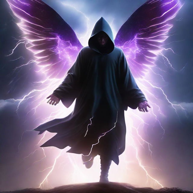 A mysterious man in a black hooded robe, wings shaped from vibrant lightning, courageously flying through the sky amidst a violent thunderstorm of a thousand thunderbolts.