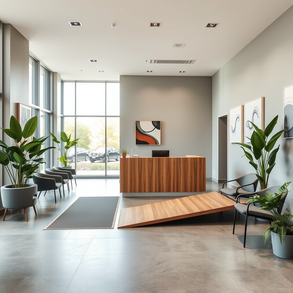 A modern reception area designed for accessibility, featuring a spacious and inviting layout