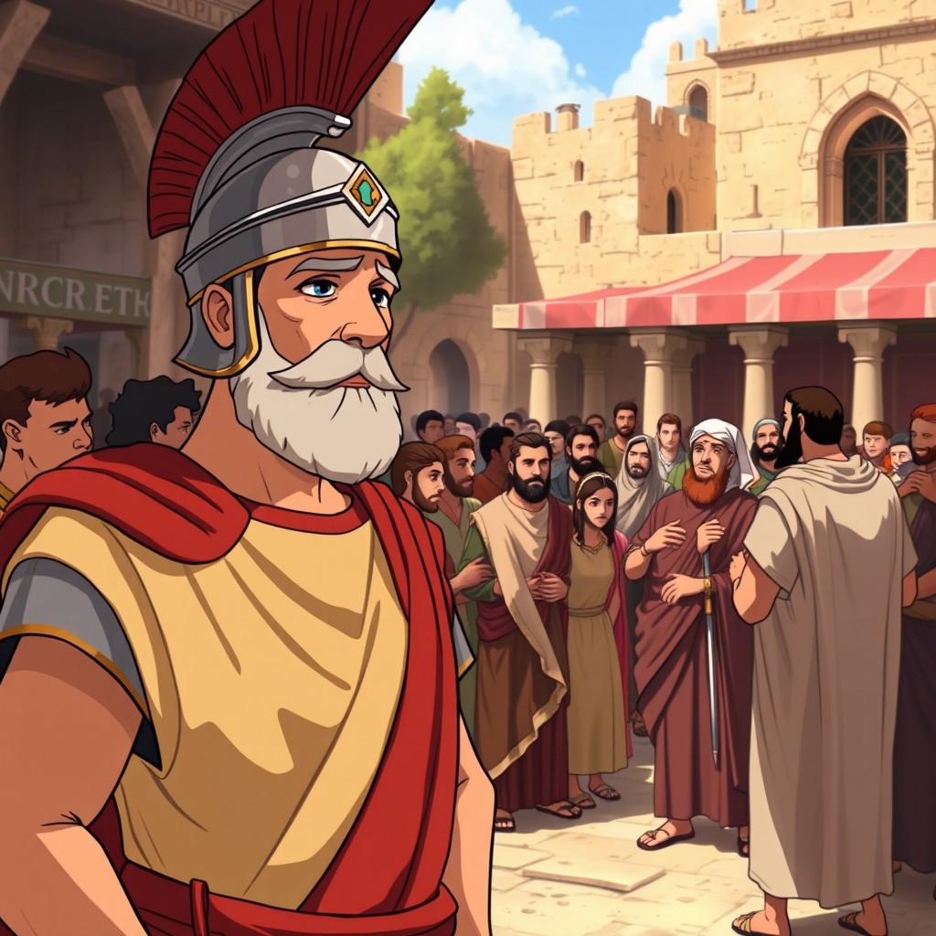 An animated scene depicting Lisias, a Roman commander, standing confidently in front of a crowd, observing them as he realizes the accusations against the Apostle Paul are merely a religious conflict