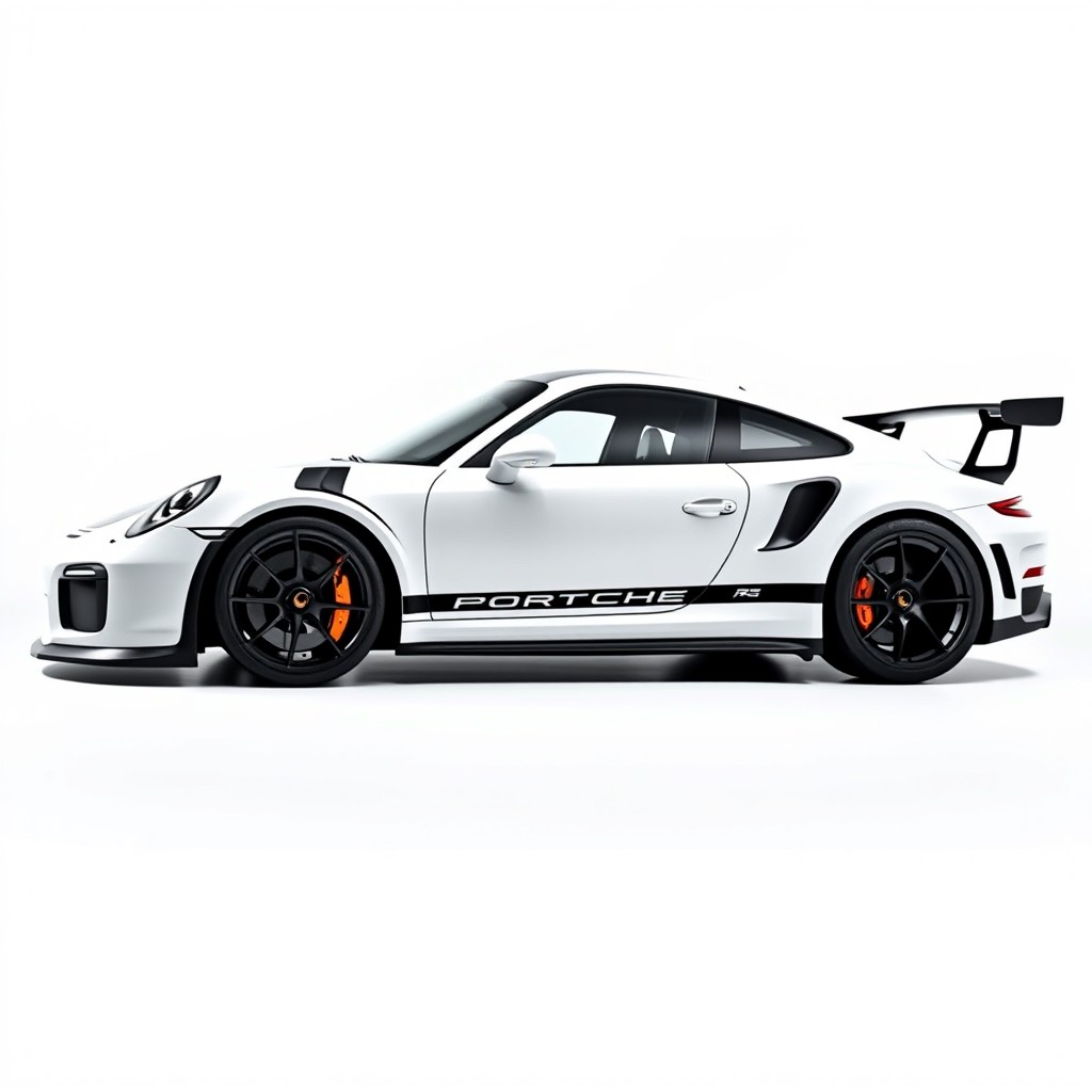 A white Porsche 911 GT3 RS, showcased in a 3/4 side profile view, positioned on a clean white background