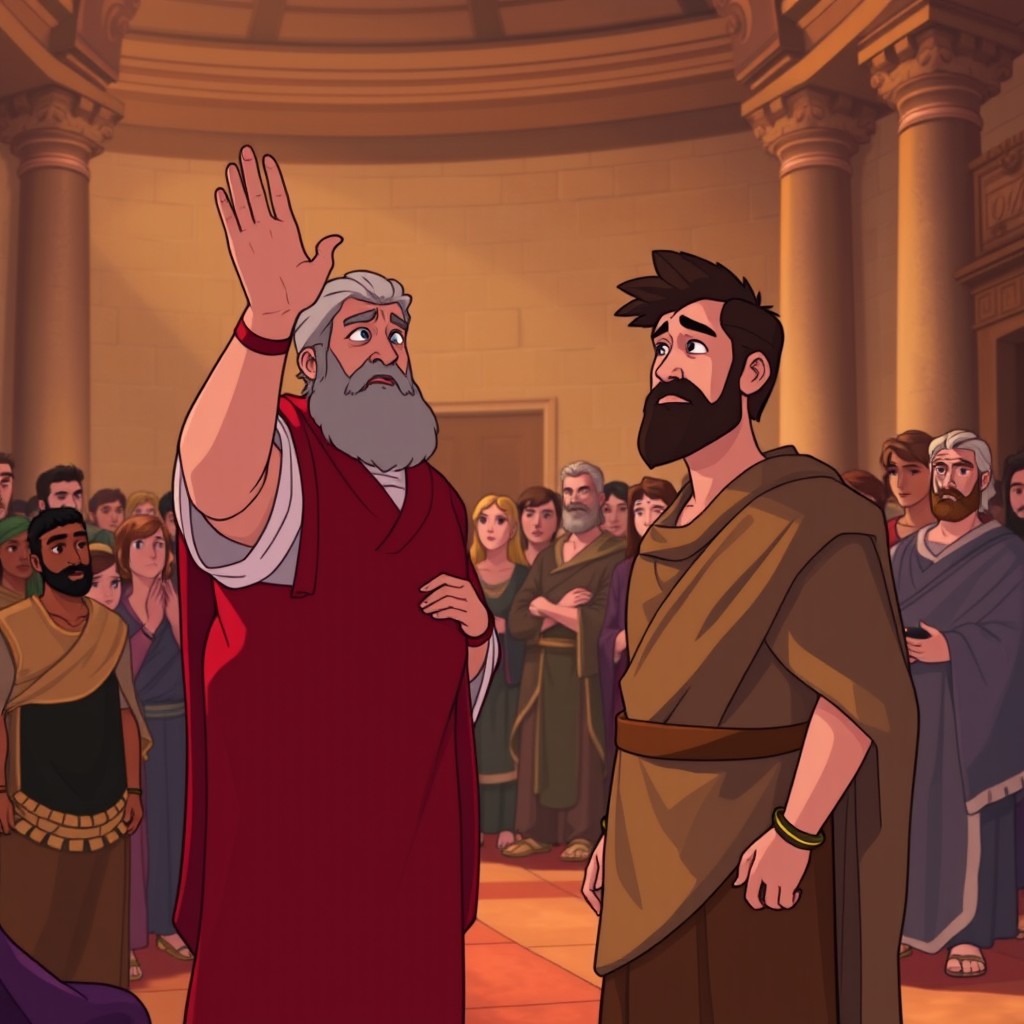 An animated scene depicting Governor Lysias, a Roman official in ancient attire, standing in a grand tribunal setting, addressing a crowd
