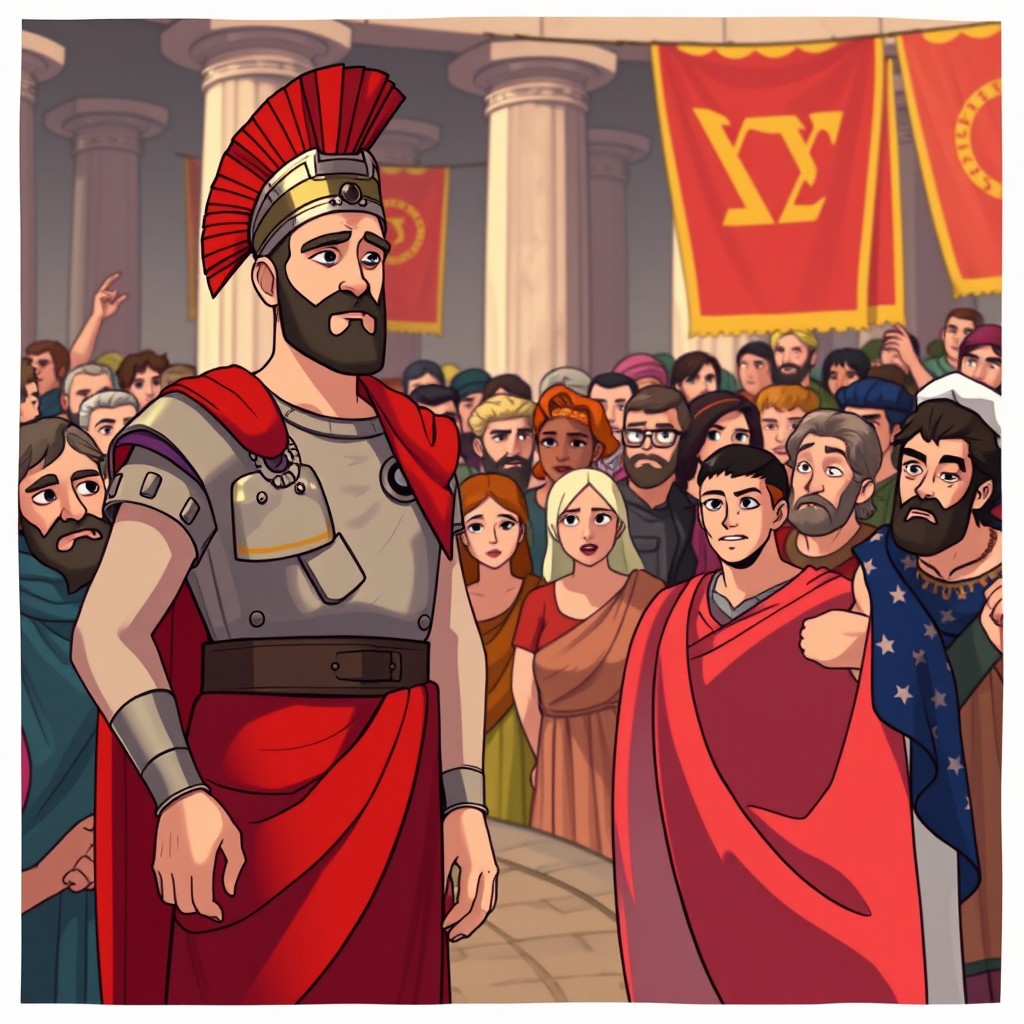 An animated scene depicting the Roman commander Lysias as he determines that the accusations against the Apostle Paul are merely a religious conflict