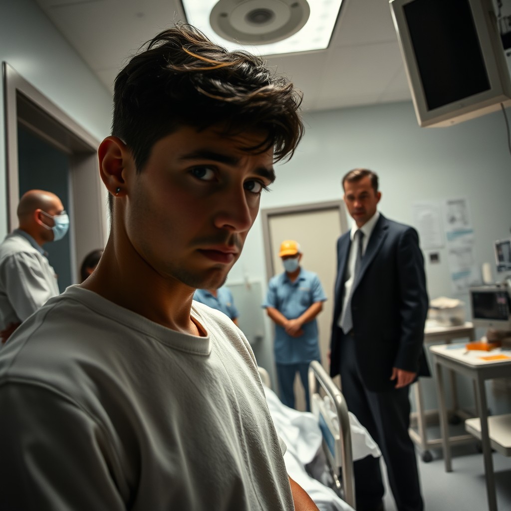 In a dramatic scene set in a historical context, depict a tense moment where Pablo, a young man, is being escorted to a sterile cesarean section room