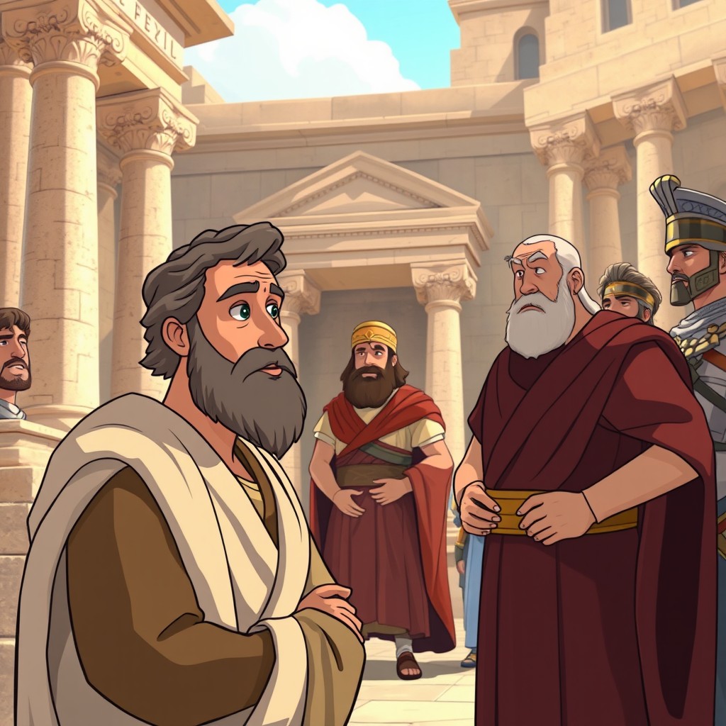An animated scene depicting the Apostle Paul being brought to Caesarea before Governor Felix