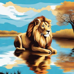 A high-quality digital art image capturing a lion, anthropomorphized with a thoughtful expression, sitting by a calm river bank