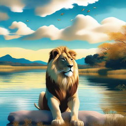 A high-quality digital art image capturing a lion, anthropomorphized with a thoughtful expression, sitting by a calm river bank