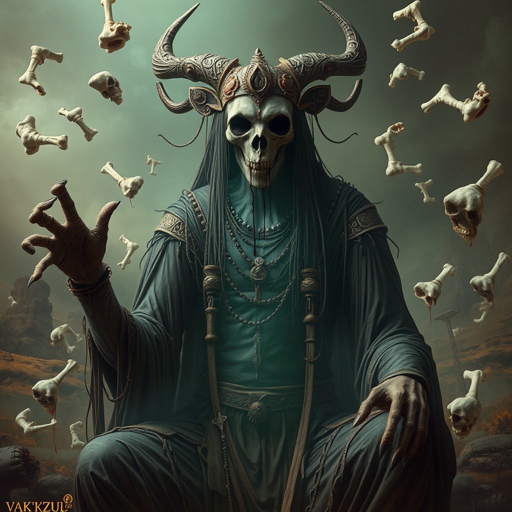 A surreal and eerie depiction of VAK'ZUL, EL DESVINCULADO, a faceless creature with an ethereal presence, surrounded by floating bones that hover around its body without making contact