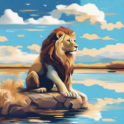 A high-quality digital art image capturing a lion, anthropomorphized with a thoughtful expression, sitting by a calm river bank