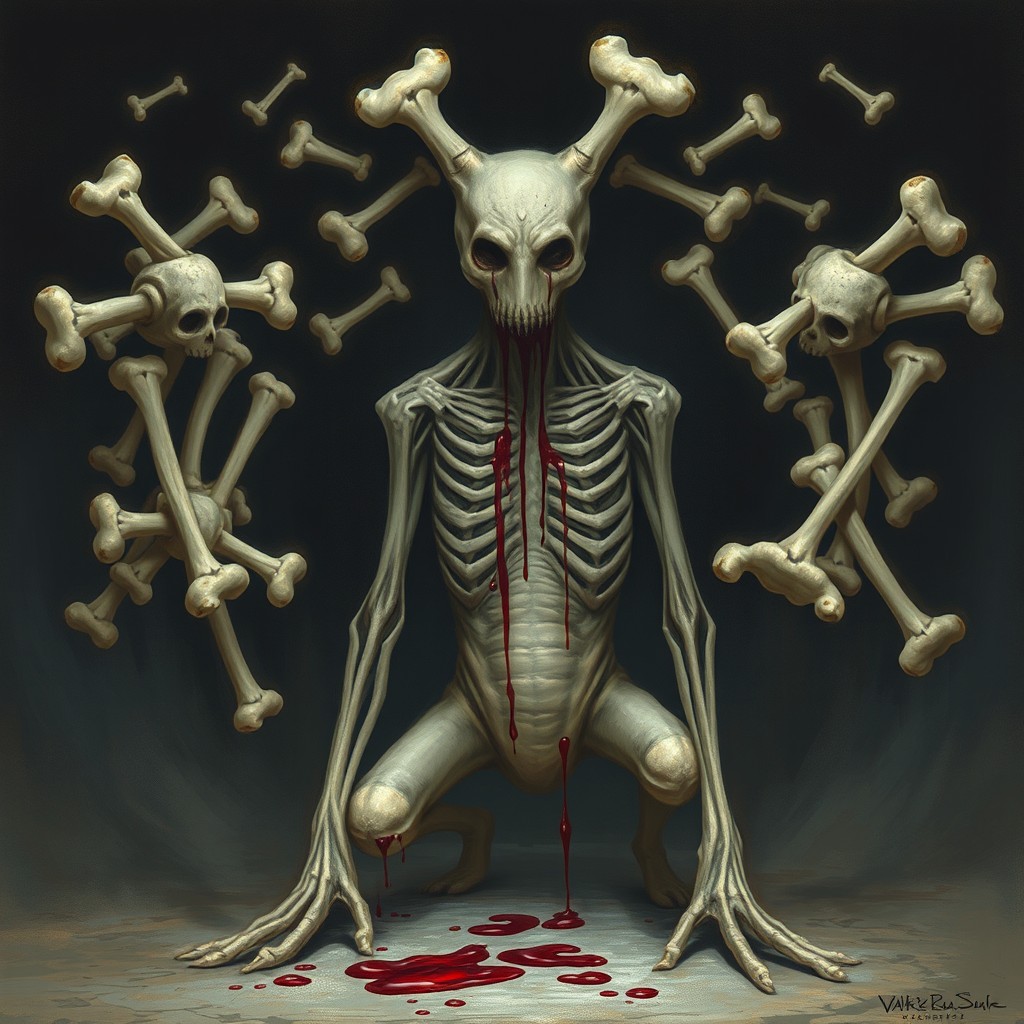 A faceless creature named VAK’ZUL, EL DESVINCULADO, surrounded by floating bones that do not touch its body