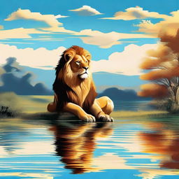 A high-quality digital art image capturing a lion, anthropomorphized with a thoughtful expression, sitting by a calm river bank