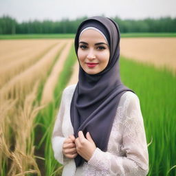 A beautiful Russian woman wearing a hijab in a rice field