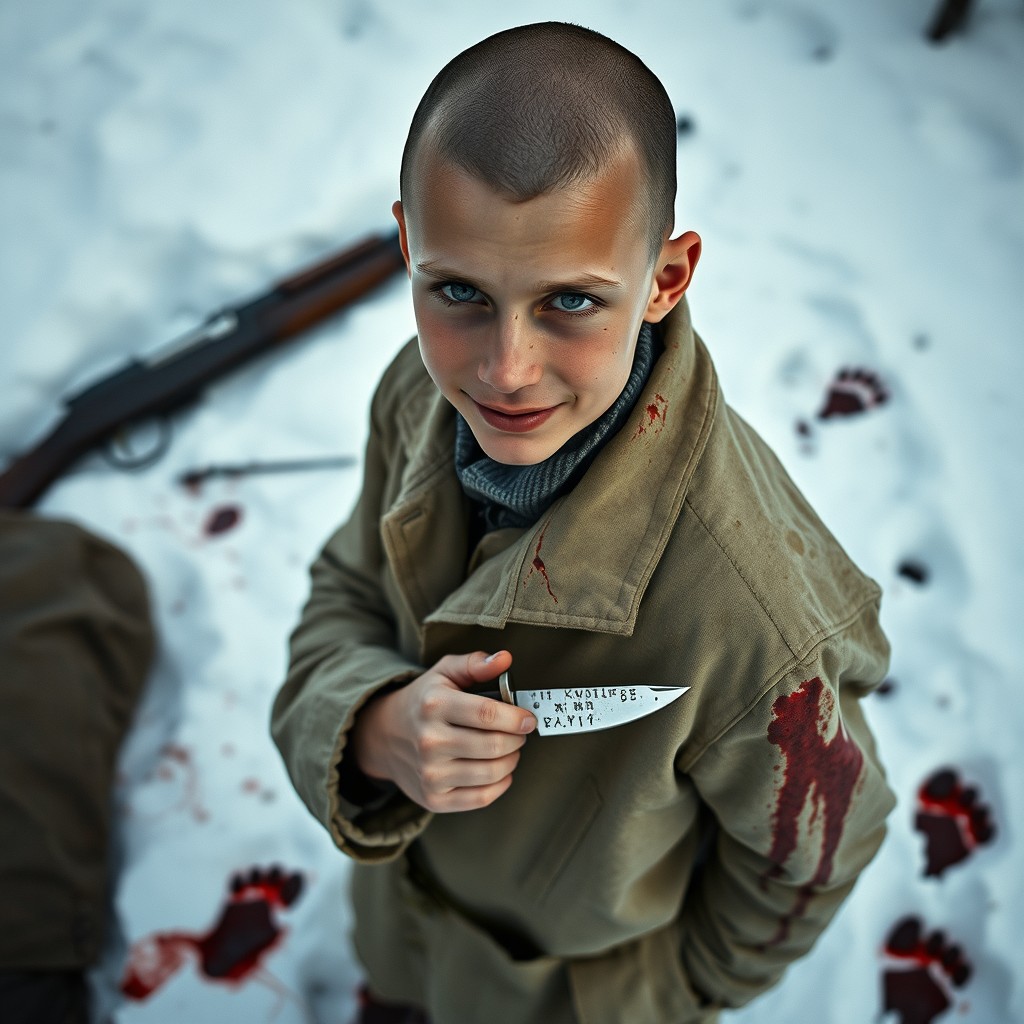 A 15-year-old boy standing in the snow, with a bald head and his face and clothing stained with blood on the right side