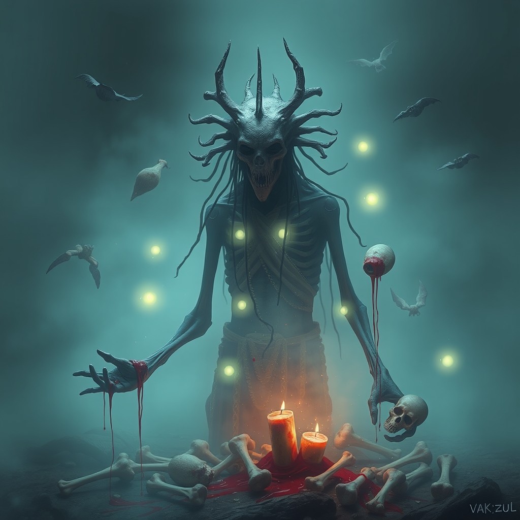 A faceless creature named VAK’ZUL, EL DESVINCULADO, appears in a mystical and haunting setting