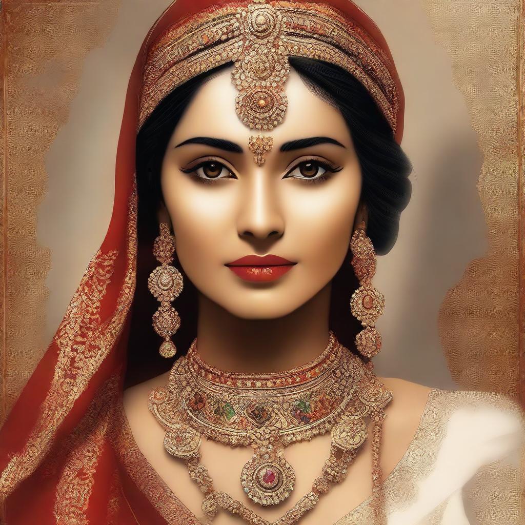 A digital art of an elegant Indian woman, dressed in traditional attire, radiating warmth and sensuality