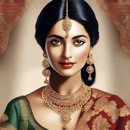 A digital art of an elegant Indian woman, dressed in traditional attire, radiating warmth and sensuality