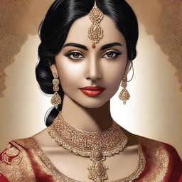 A digital art of an elegant Indian woman, dressed in traditional attire, radiating warmth and sensuality