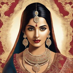 A digital art of an elegant Indian woman, dressed in traditional attire, radiating warmth and sensuality