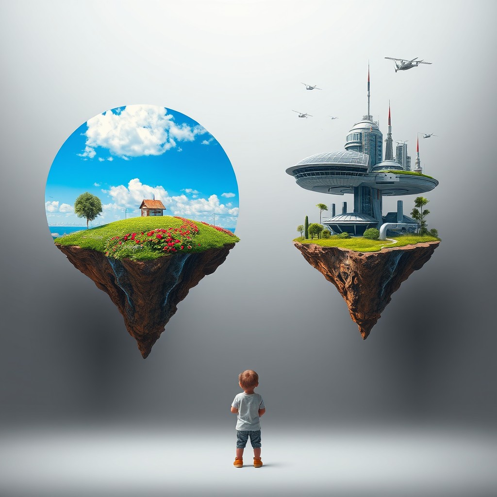 A surrealism art piece featuring a child gazing at two floating islands