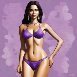 A high-quality digital art piece portraying a slender Indian girl in a vibrant purple bikini