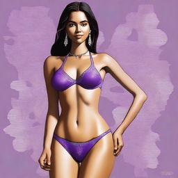 A high-quality digital art piece portraying a slender Indian girl in a vibrant purple bikini