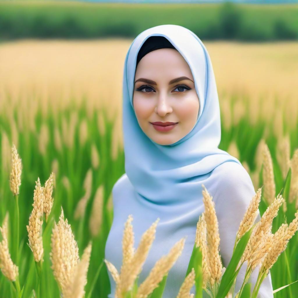 A beautiful Russian woman wearing a hijab in a rice field