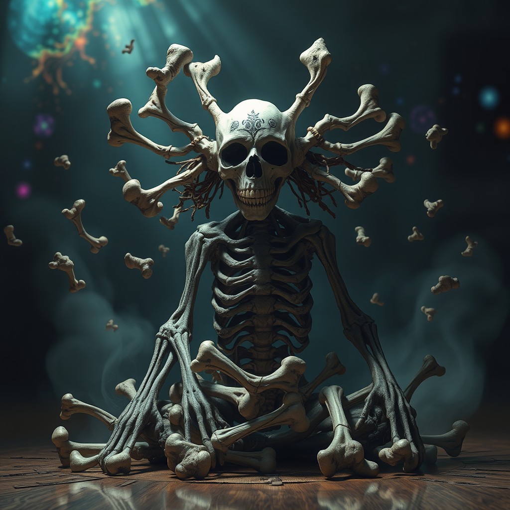 VAK’ZUL, EL DESVINCULADO, a faceless creature surrounded by levitating bones that do not touch its body
