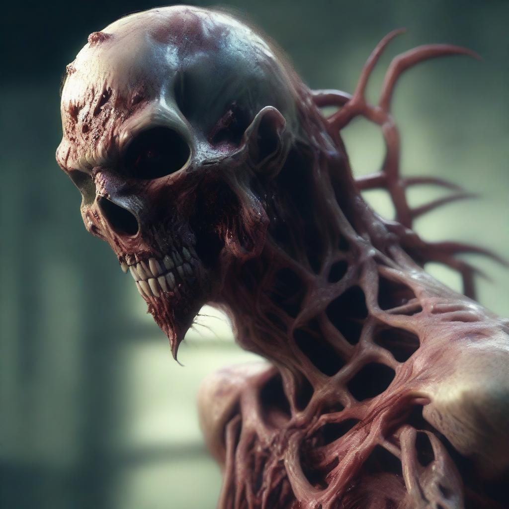 A striking digital art image portraying a zombie controlled by a parasite, reminiscent of the Plagas from the Resident Evil series