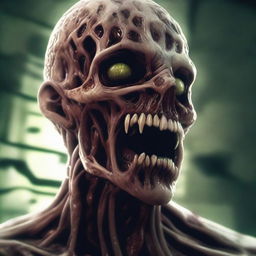 A striking digital art image portraying a zombie controlled by a parasite, reminiscent of the Plagas from the Resident Evil series