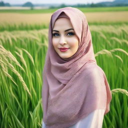 A beautiful Russian woman wearing a hijab in a rice field