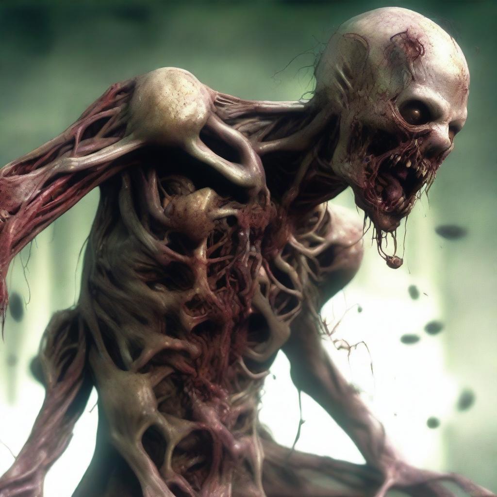 An intricately detailed digital art image depicting a zombie whose body is being manipulated by a parasite, akin to the Plagas from the Resident Evil series